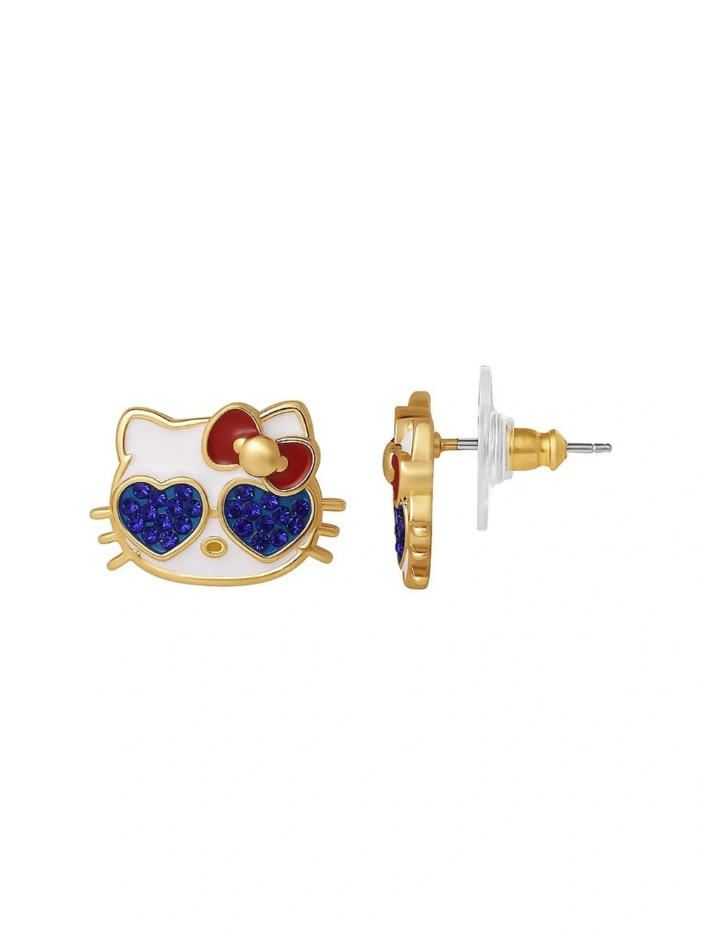 Hello Kitty Gold-Tone Stud Earrings with White, Red & Blue Accents